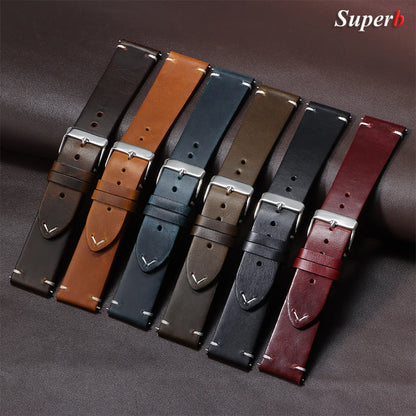 Bracelet de montre en cuir huilé vintage 18 mm 20 mm 22 mm 19 mm 21 mm 24 mm, sangle en cuir de vachette à couture universelle pour Seiko pour Omega