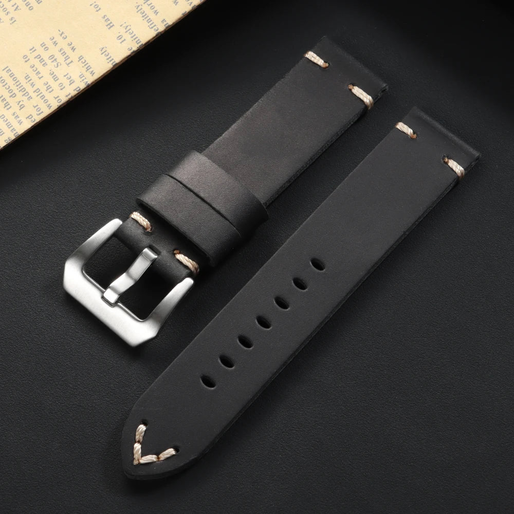Hand-stitched cowhide leather watch strap, vintage business style, 18mm, 20mm, 22mm, 24mm, 26mm, soft leather strap for men