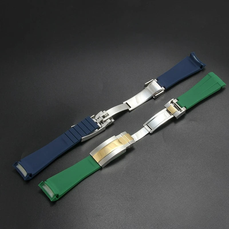 High-quality silicone watch strap in colorful styles (black, green, red, blue, white), with a curved interface for Rolex Datejust Submariner straps.