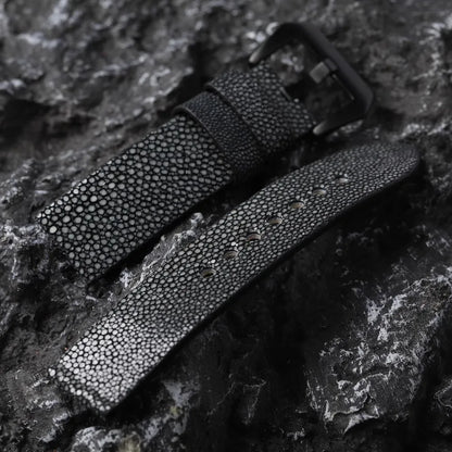 Handmade Men's Beaded Fish Leather Watch Accessory Bracelet, Black, Grey, Soft and Wear-Resistant, 20mm, 22mm, 24mm