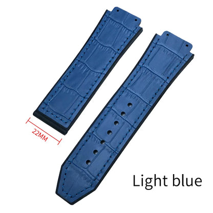 Cinturino per orologio in gomma e pelle bovina 19mm x 26mm per HUBLOT Big Bang colorato nero blu, grana coccodrillo, in pelle bovina, da uomo e donna