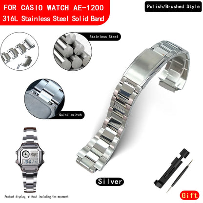 Bracelet de montre solide en acier inoxydable 316L, pour montre Casio AE1200WH, modèle Royale, poli et brossé, bracelet en métal AE1200