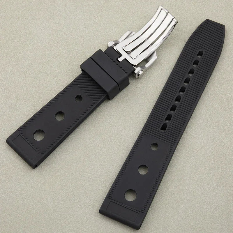 Black FKM Fluoro Rubber Watch Strap, Soft, 22mm, Replacement for Breitling Watch Band, for Superocean Navitimer Avenger Belt