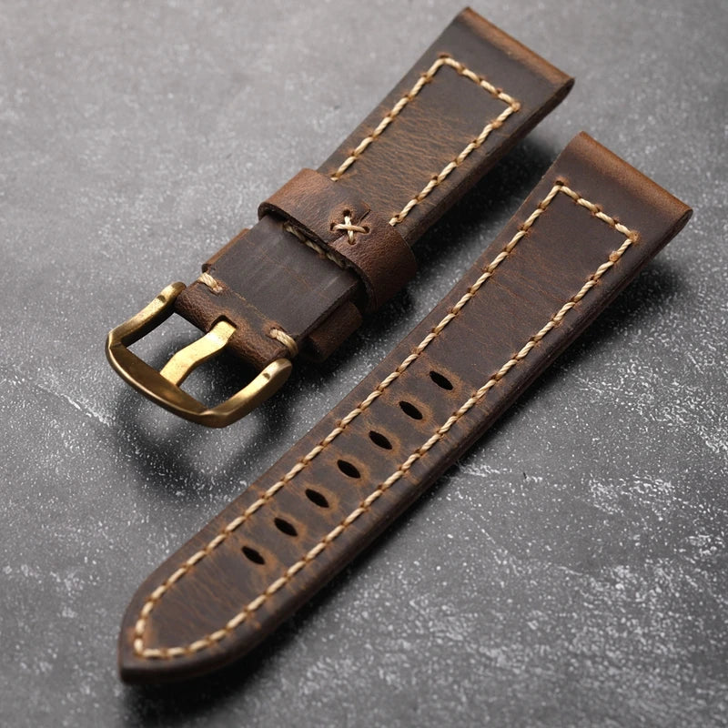 Cinturino per orologio in pelle bovina da uomo, fatto a mano, primo strato, 20 21 22 24 26MM, Vintage, bronzo, spesso, stile vintage