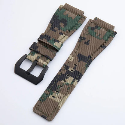 Soft Nylon Canvas Watch Strap, Green Camouflage, 34x24mm, for Bell Bracelet, Suitable for BR01 BR03 Ross, Convex End Pin Buckle
