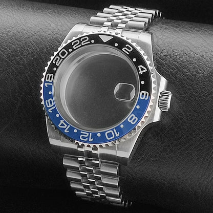 Nouveau 40.5mm GMT fit NH-34 boîtier en argent lunette peut tourner dans les deux directions saphir boîtier de montre étanche pièces de montre accessoires