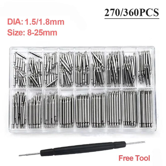 360 pièces 270 pièces 8mm-25mm montre en acier inoxydable barre à ressort broches de bracelet de montre 1.5mm 1.8mm de diamètre bracelet de montre lien broche outils de réparation
