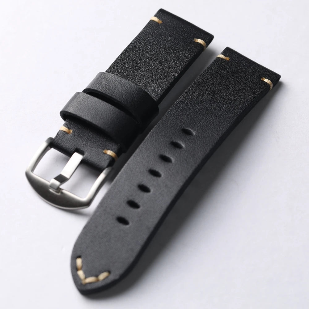 Handmade Cowhide Leather Watch Strap, Top Layer, 20 22 24 26MM, Black, Soft, Foldable, No Sandwich, Flexible