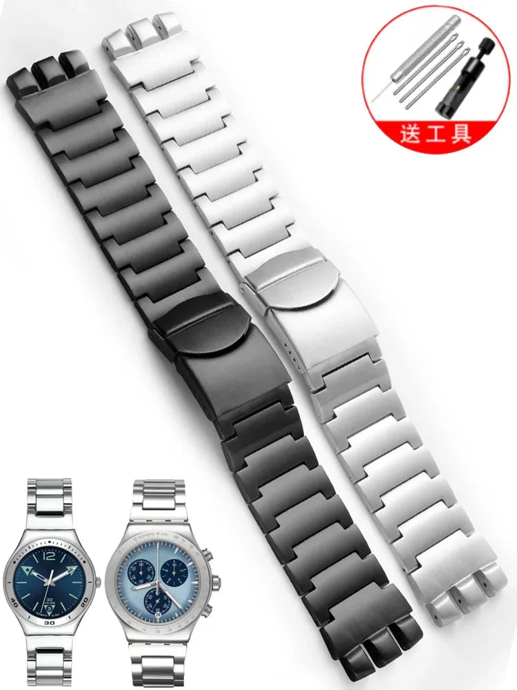 Bracelet de montre en acier inoxydable, solide, 23mm, argent noir, pour Swatch hommes, Irony, grande taille, boucle pliante, accessoires