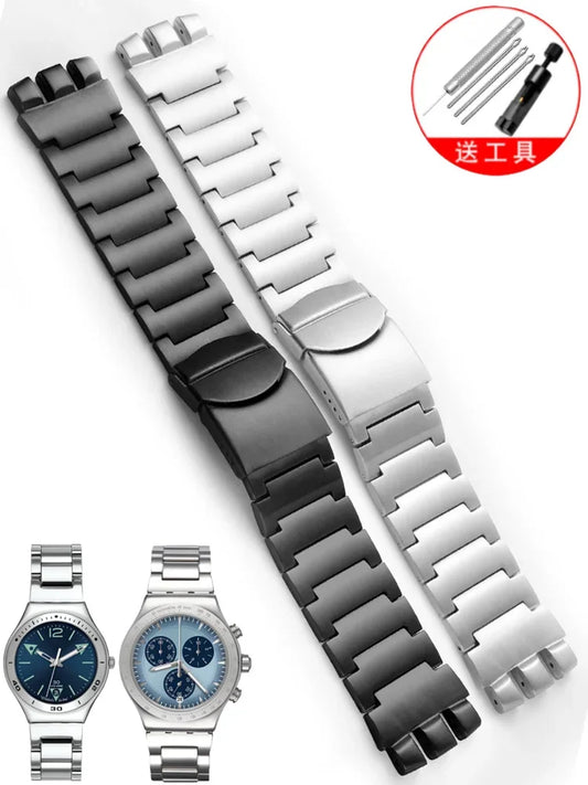 Cinturino per orologio in acciaio inossidabile, solido, 23mm, argento nero, per Swatch uomo, Irony, taglia grande, fibbia deployante, accessori