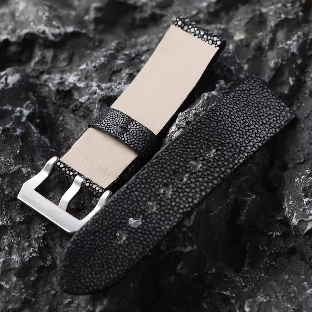 Handmade Men's Beaded Fish Leather Watch Accessory Bracelet, Black, Grey, Soft and Wear-Resistant, 20mm, 22mm, 24mm