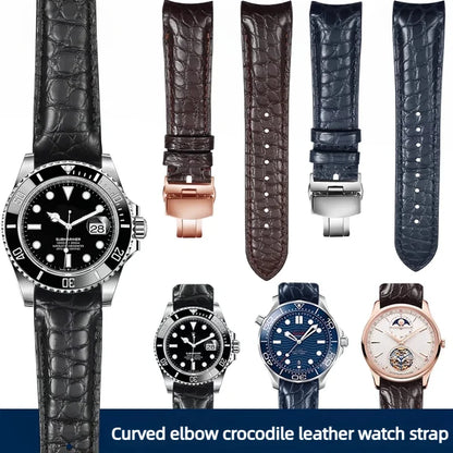 Bracelet de montre incurvé en peau de Crocodile, 20mm 22mm, pour Rolex Omega Tissot IWC Seiko, Bracelet en cuir véritable souple pour hommes