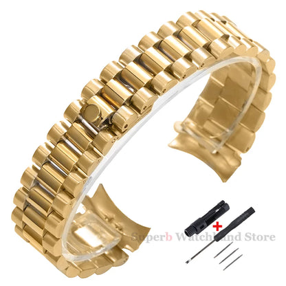 Bracelet en métal massif de 20mm pour bracelet en acier inoxydable à extrémité incurvée Rolex pour boucle présidentielle Oyster pour hommes argent or