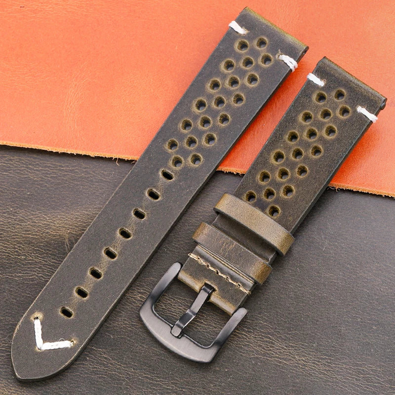 Bracelet de montre respirant en cuir véritable à dégagement rapide, 18mm-24mm, bracelet en cuir de vache disponible, noir, vert, marron, jaune, unisexe