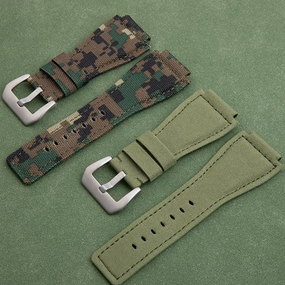 Soft Nylon Canvas Watch Strap, Green Camouflage, 34x24mm, for Bell Bracelet, Suitable for BR01 BR03 Ross, Convex End Pin Buckle