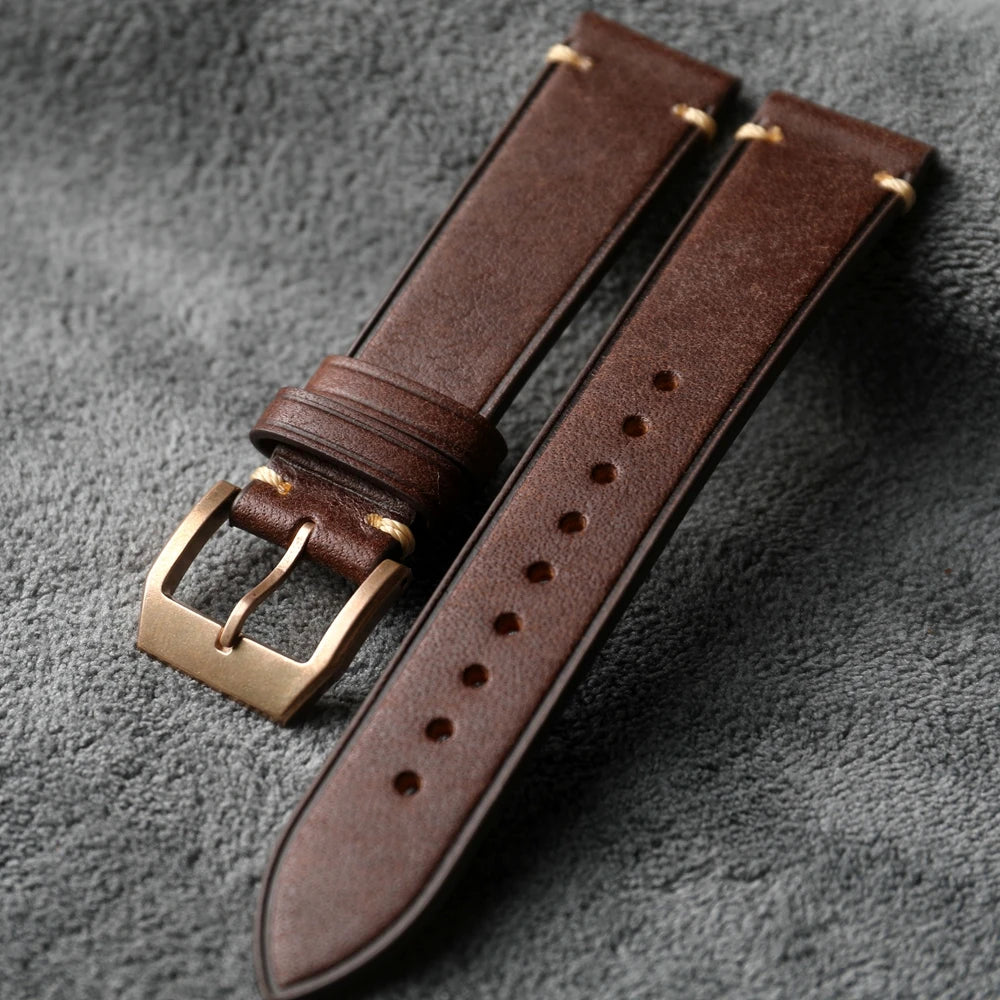 Bracelet en cuir de vache fait à la main, 20MM 21MM marron vert noir Style Vintage, montre en Bronze, boucle en Bronze