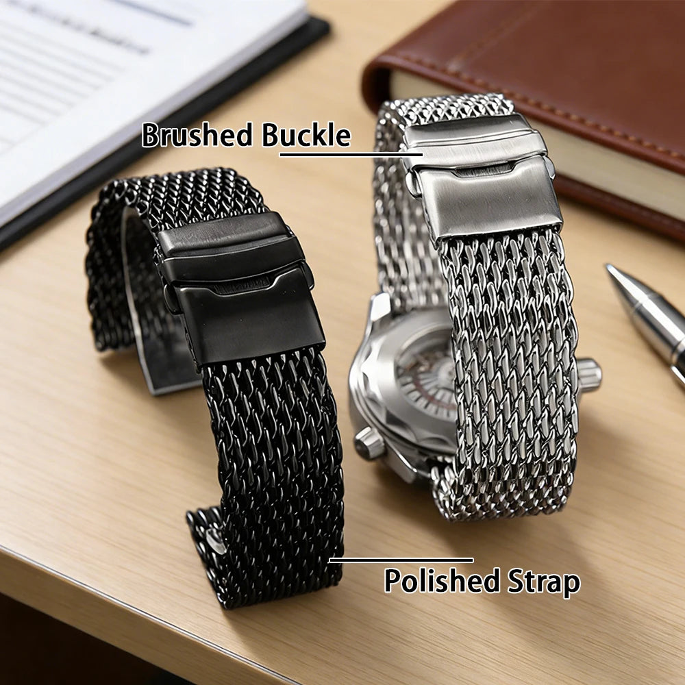 Cinturino per orologio in acciaio inossidabile 18 mm 20 mm 22 mm 24 mm, maglia milanese tipo "Shark Mesh" da immersione, doppia chiusura in metallo