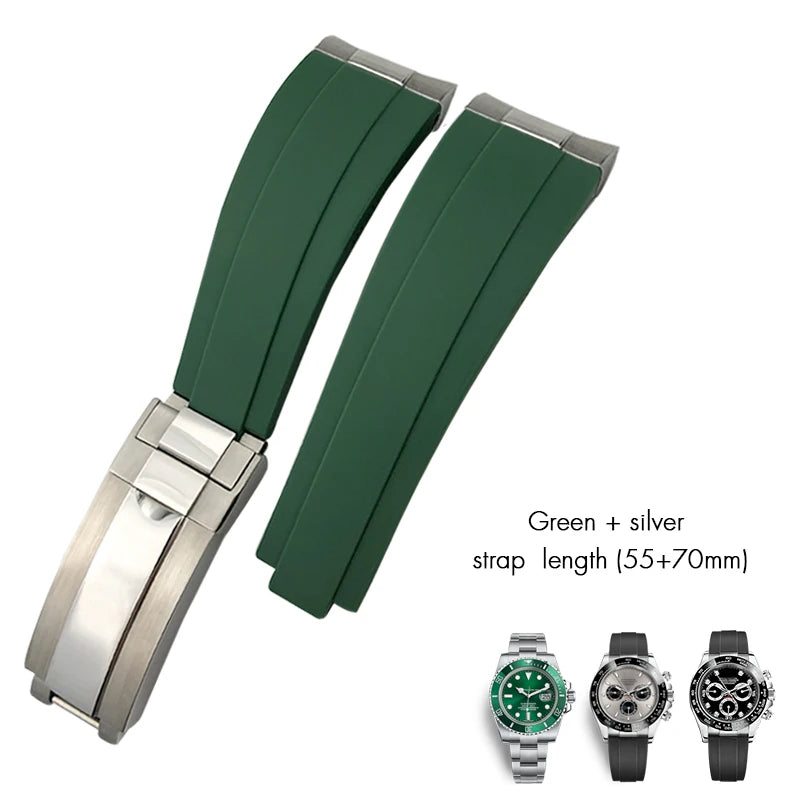 Cinturino per orologio in gomma a maglie metalliche, estremità curva, 20 mm, per orologio Rolex Daytona GMT Yacht Master Submariner, cinturino verde alla moda