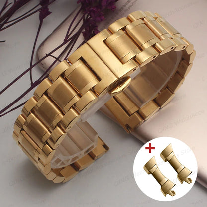 Solid stainless steel watch band with flat, arc-shaped end for Tissot butterfly clasp bracelets, sizes 12, 13, 14, 15, 16, 17, 18, 19, 20, 21, 22, 23, 24mm, universal