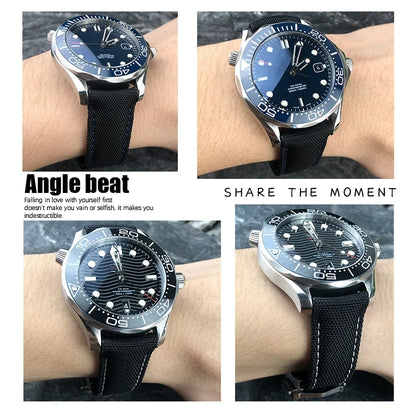 Cinturino per orologio in pelle e nylon con fibbia deployante di alta qualità, 20mm 21mm 19mm, per Omega Seamaster AQUA TERRA 150 GMT, estremità curva