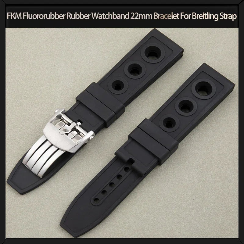 Black FKM Fluoro Rubber Watch Strap, Soft, 22mm, Replacement for Breitling Watch Band, for Superocean Navitimer Avenger Belt