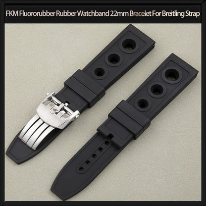 Black FKM Fluoro Rubber Watch Strap, Soft, 22mm, Replacement for Breitling Watch Band, for Superocean Navitimer Avenger Belt