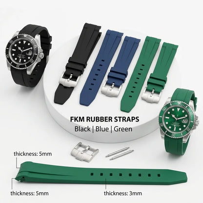 Bracelet de montre en caoutchouc, Silicone souple à extrémité incurvée de 20mm, noir, vert, bleu, pour la plongée