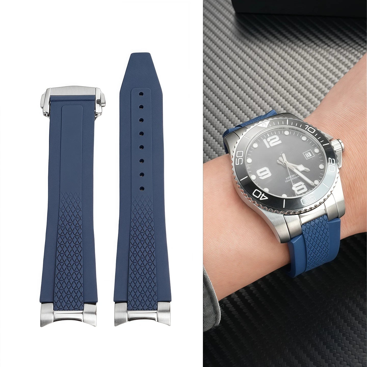 Cinturino per orologio in gomma fluorurata di alta qualità, 21 mm, per Longines Hydroconquest L3 Conquest, cinturino per orologio sportivo subacqueo + interfaccia in metallo