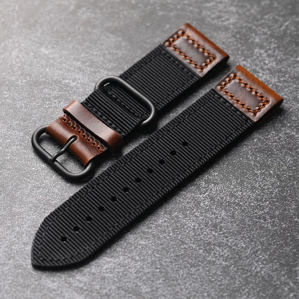 Cinturino per orologio da uomo in nylon doppio vintage, in vera pelle, durevole e indossabile, stile di lusso, 20mm, 22mm, 24mm
