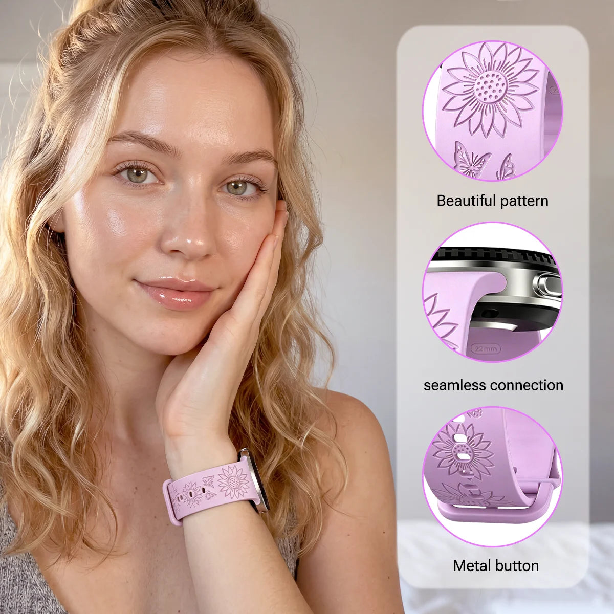 Cinturino in silicone per Samsung Galaxy Watch 8/9, 44 40 mm, incisione a girasole, cinturino Galaxy Watch 8 Classic 46 mm