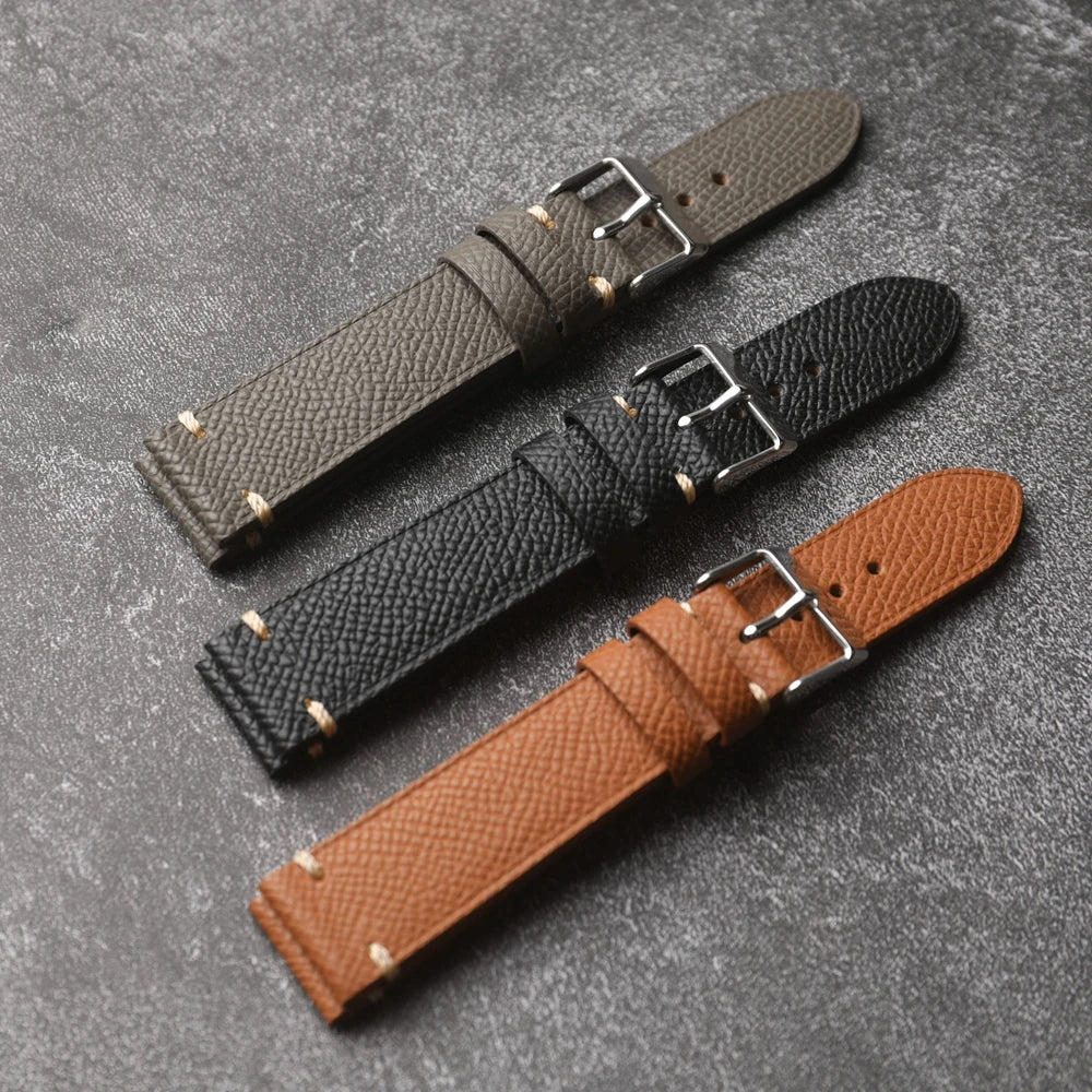 Handmade genuine leather strap, 18 19 20 22MM brown black grey, soft Italian genuine palm grain leather strap, vintage style