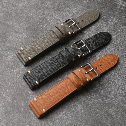 Handmade genuine leather strap, 18 19 20 22MM brown black grey, soft Italian genuine palm grain leather strap, vintage style