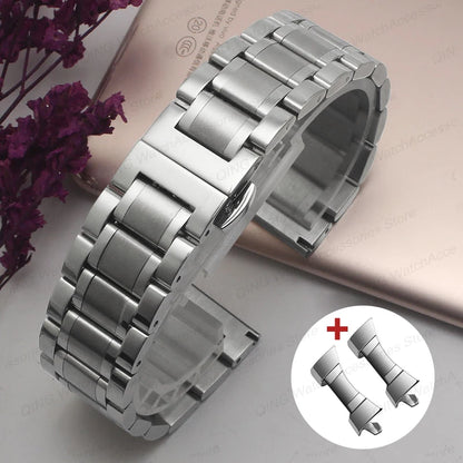 Solid stainless steel watch band with flat, arc-shaped end for Tissot butterfly clasp bracelets, sizes 12, 13, 14, 15, 16, 17, 18, 19, 20, 21, 22, 23, 24mm, universal