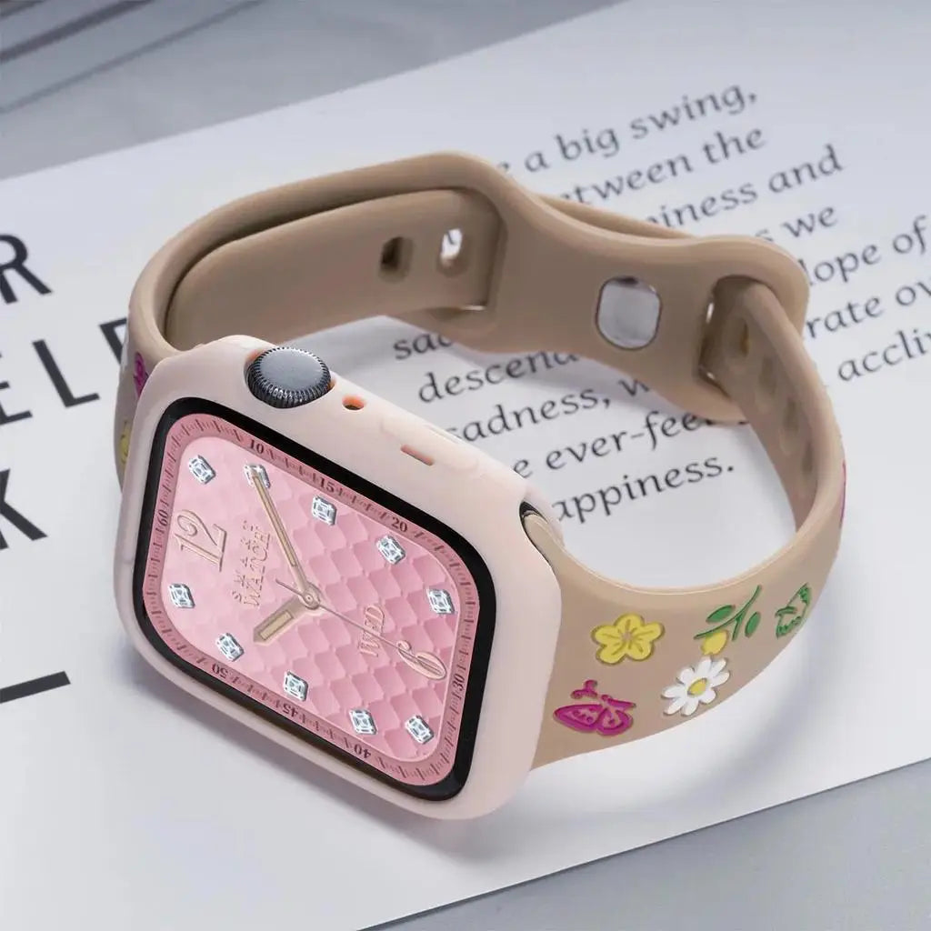 Cute Flower Silicone Strap Case for Apple Watch Ultra 49mm S10 S11 42mm 46mm 38 40 41 44 45 mm for iwatch SE 2 3 4 5 6 7 8 9