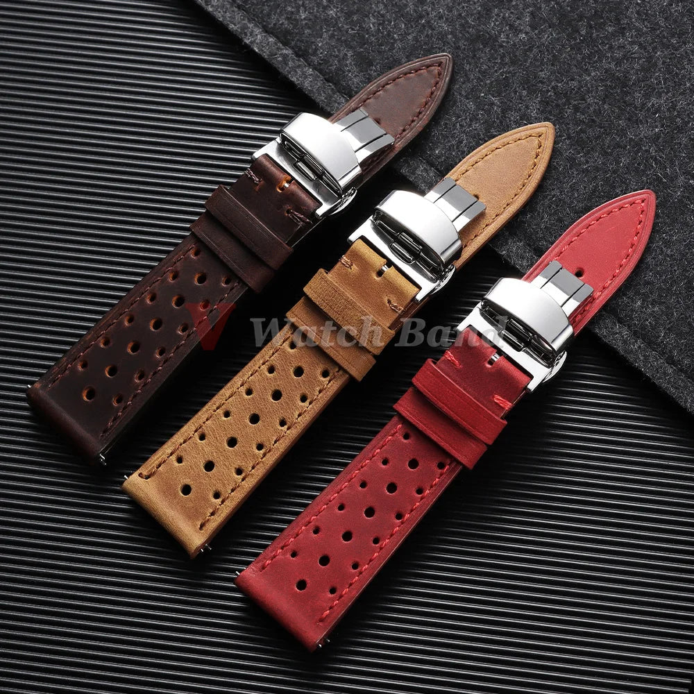 Bracelet de montre vintage de course à dégagement rapide, marron, respirant et poreux, 18mm 19mm 20mm 21mm 22mm 24mm, avec boucle papillon