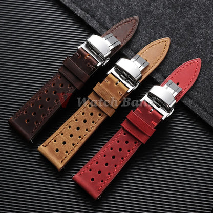 Bracelet de montre vintage de course à dégagement rapide, marron, respirant et poreux, 18mm 19mm 20mm 21mm 22mm 24mm, avec boucle papillon