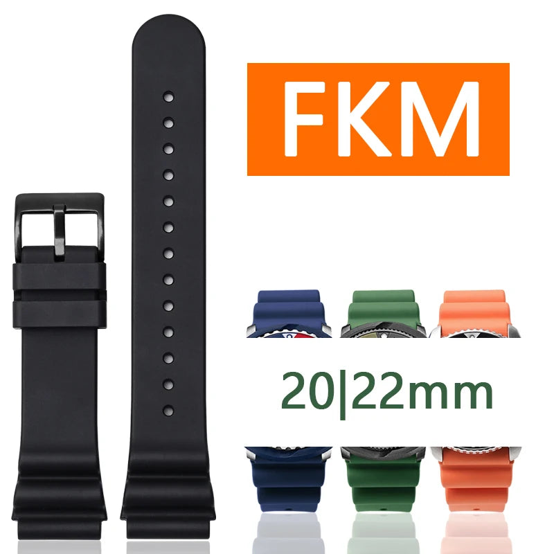 High Quality Fluorine Rubber Watch Strap, 20mm 22mm, for Seiko Black and Green Abalone Canned Aqua Ghost Sport, Waterproof