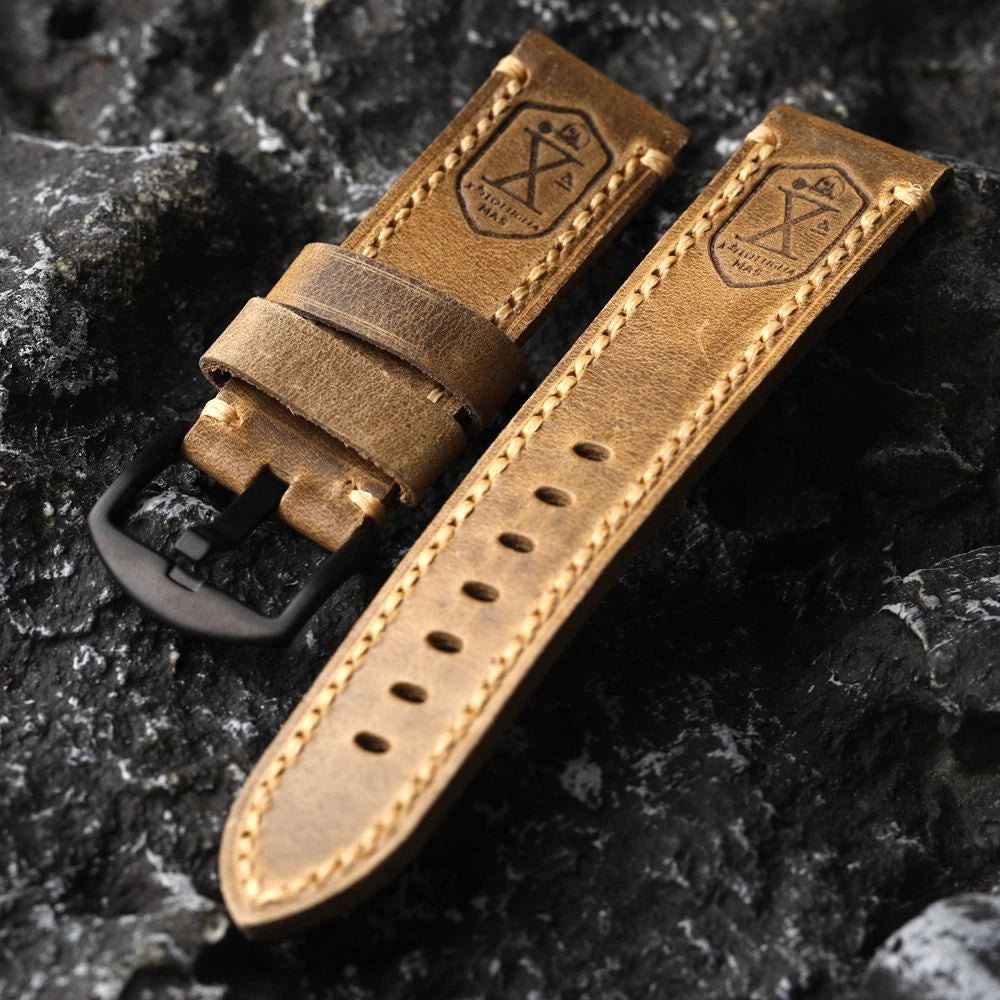 Bracciale in pelle di vacchetta con testa tedesca fatto a mano, 20 21 22 23 24 26MM, piegato vintage senza clip, cinturino in vera pelle per uomo, stile vintage
