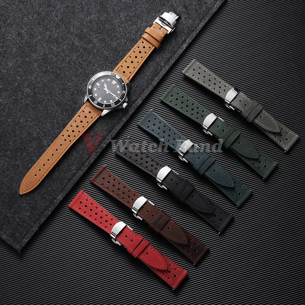 Bracelet de montre vintage de course à dégagement rapide, marron, respirant et poreux, 18mm 19mm 20mm 21mm 22mm 24mm, avec boucle papillon