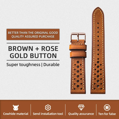 Men's Cowhide Leather Watch Strap, Handmade Top Layer, Italian Genuine Leather 18 19 20 21 22MM, Breathable Hole Design, Vintage