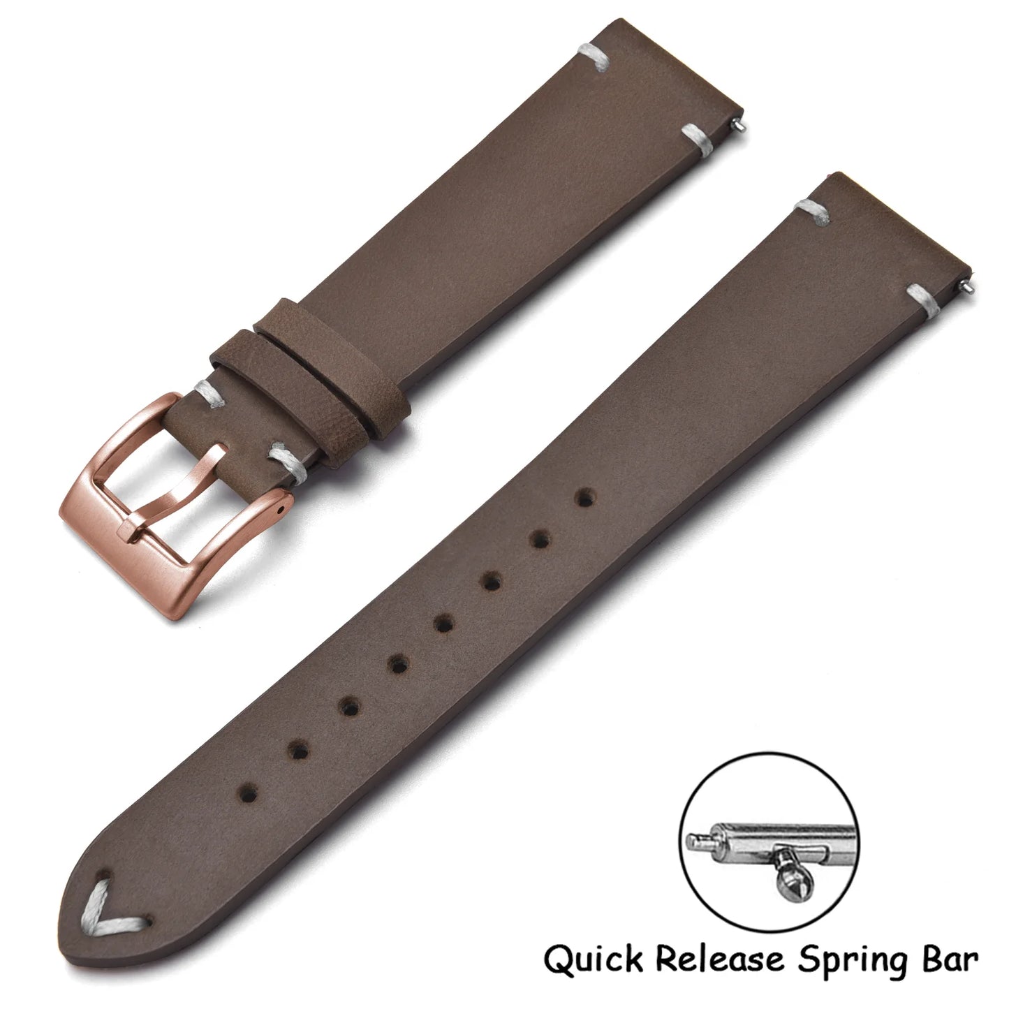 Quick Release Crazy Horse Leather Watch Strap, 18mm 20mm 22mm, Brown, for Men and Women, Compatible with Seiko Omega Huawei