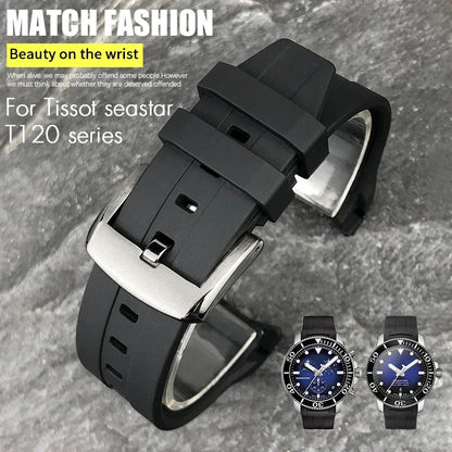 Curved End Rubber Watch Strap, 21mm 22mm, for Tissot T120 Seastar T120407A T120417A, Black Orange Silicone Watch Band