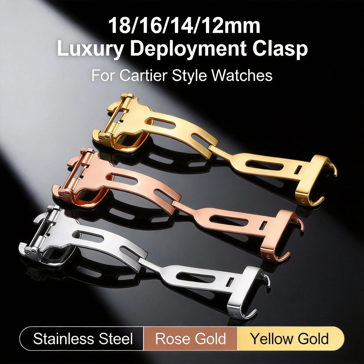 Pour fermoir déployant Cartier 12mm 14mm 16mm 18mm, boucle de montre en acier inoxydable de remplacement, compatible avec les bracelets à boucle simple et double.