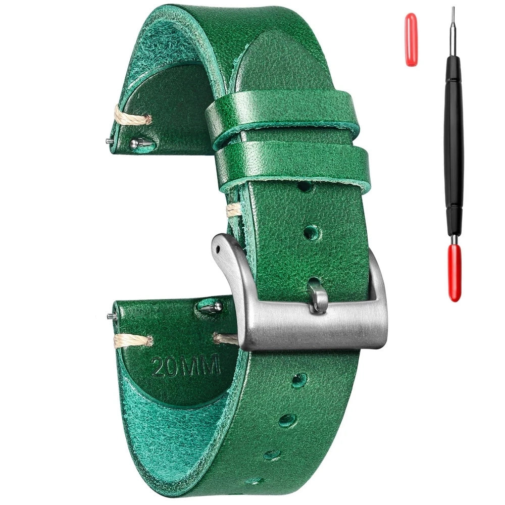HEMSUT Men's Leather Watch Straps, Italian Buttero Handmade Watchband, Quick Release 18mm 20mm 22mm Vintage Round Replacement