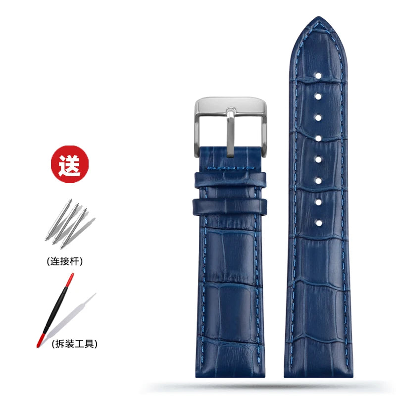 Blue Leather Bracelet for Men and Women, 12mm, 14mm, 16mm, 18mm, 20mm, 22mm for Tissot Longines, Omega Seamaster, Blue, Black, Brown