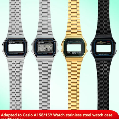 Boîtier de lunette métallique en acier inoxydable + Kit de bracelet pour Casio F91W/A158/A159 – Bracelet de montre et outils de remplacement personnalisés (argent/noir/or)