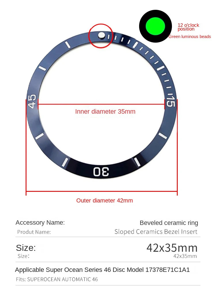 Anello inserto ghiera in ceramica 42x35mm, pendenza adatta a 46mm per Breitling SUPEROCEAN A17378E71C1A1, cerchio scala blu, luce verde a ore 12