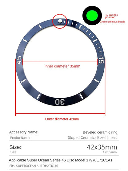 Anello inserto ghiera in ceramica 42x35mm, pendenza adatta a 46mm per Breitling SUPEROCEAN A17378E71C1A1, cerchio scala blu, luce verde a ore 12