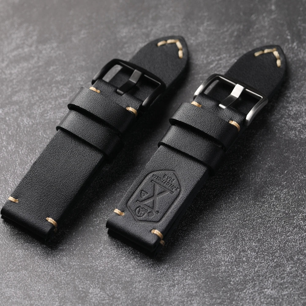 Handmade Cowhide Leather Watch Strap, Top Layer, 20 22 24 26MM, Black, Soft, Foldable, No Sandwich, Flexible