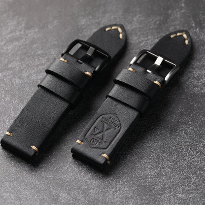 Handmade Cowhide Leather Watch Strap, Top Layer, 20 22 24 26MM, Black, Soft, Foldable, No Sandwich, Flexible